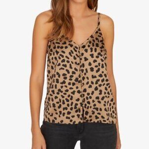 Sanctuary Leopard Animal Print Button Front Satin Tank Top Cami Tan M